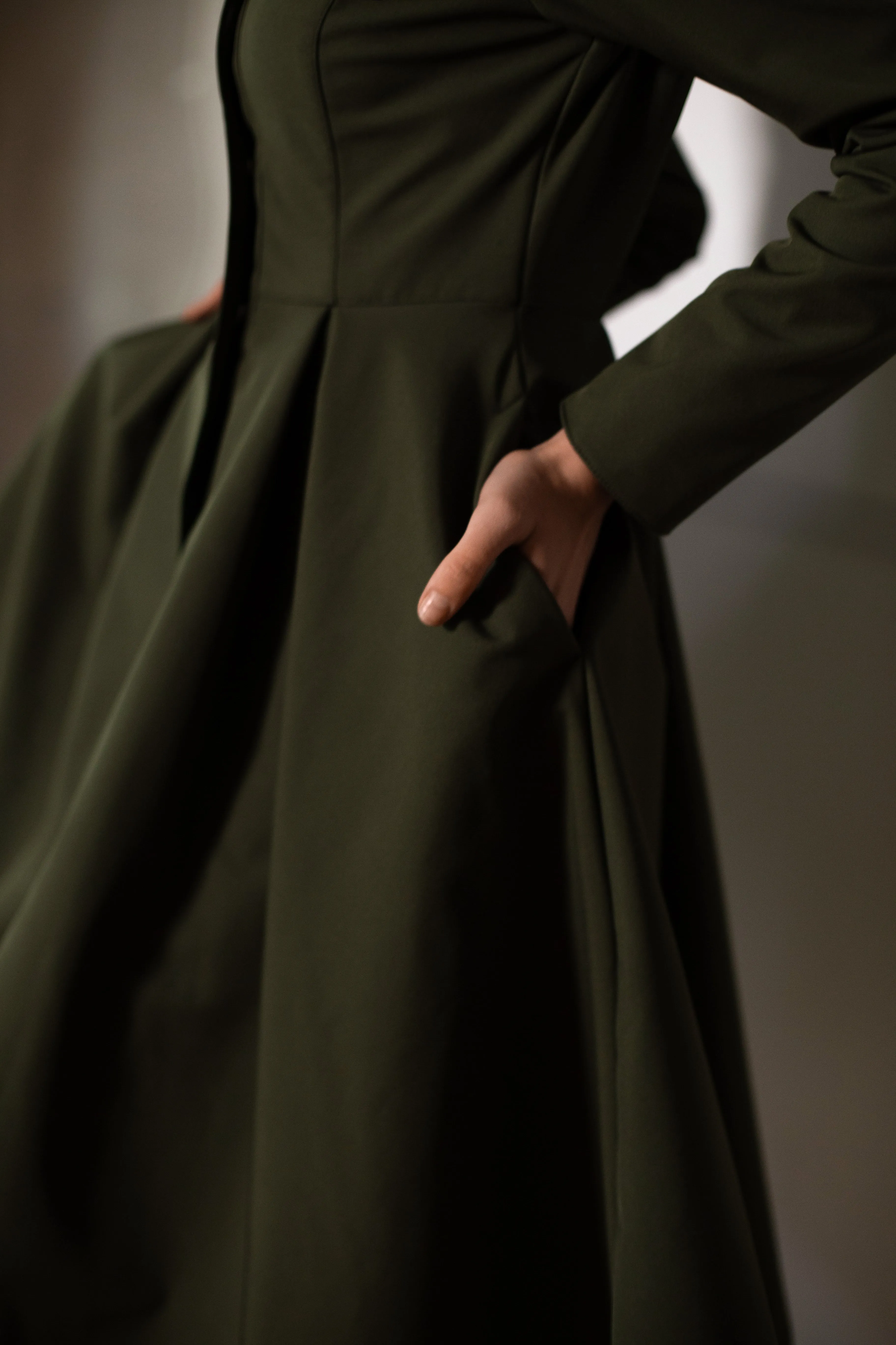 Fitted Coat with Pleated Skirt in Khaki Green | 'Moss Green'