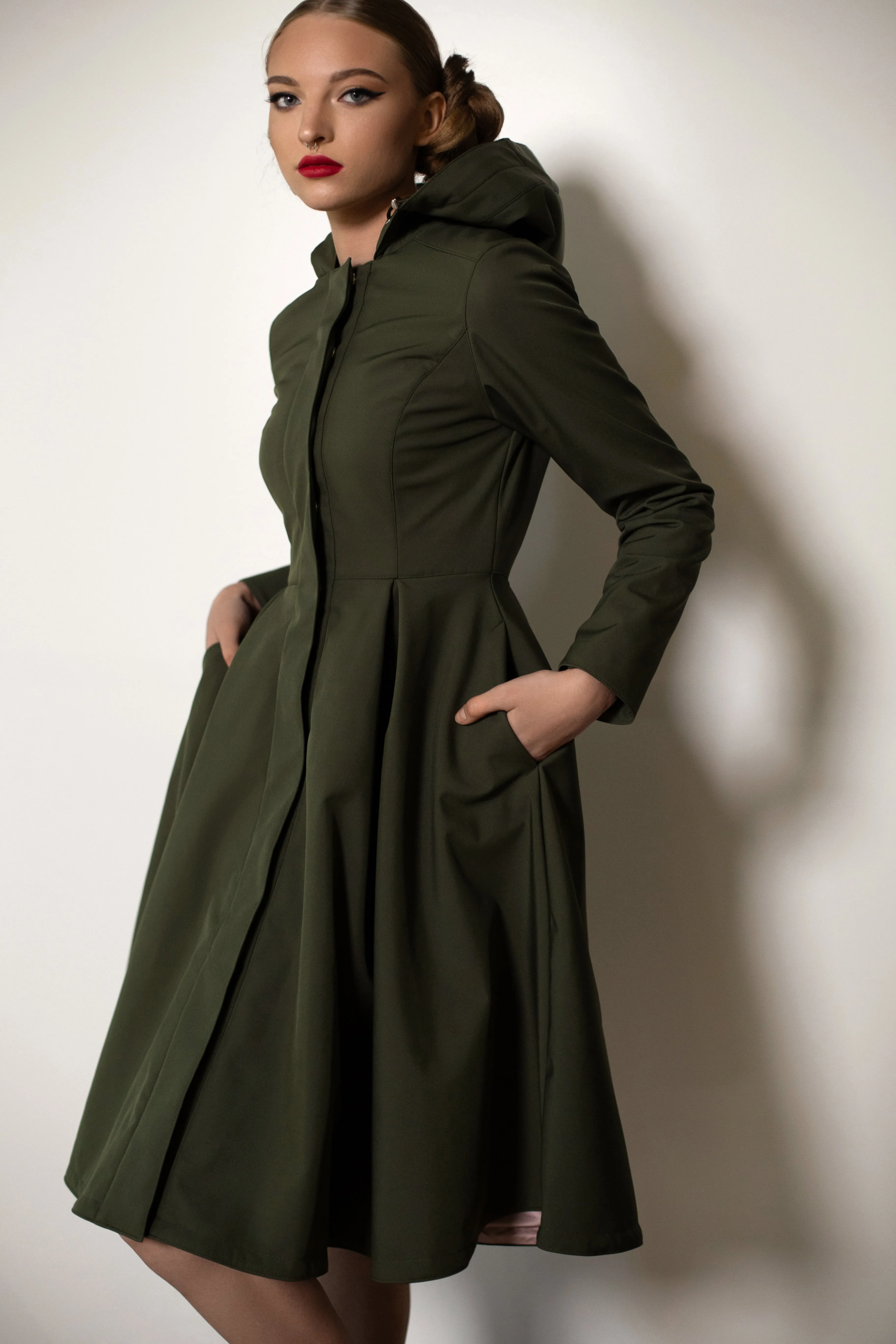 Fitted Coat with Pleated Skirt in Khaki Green | 'Moss Green'