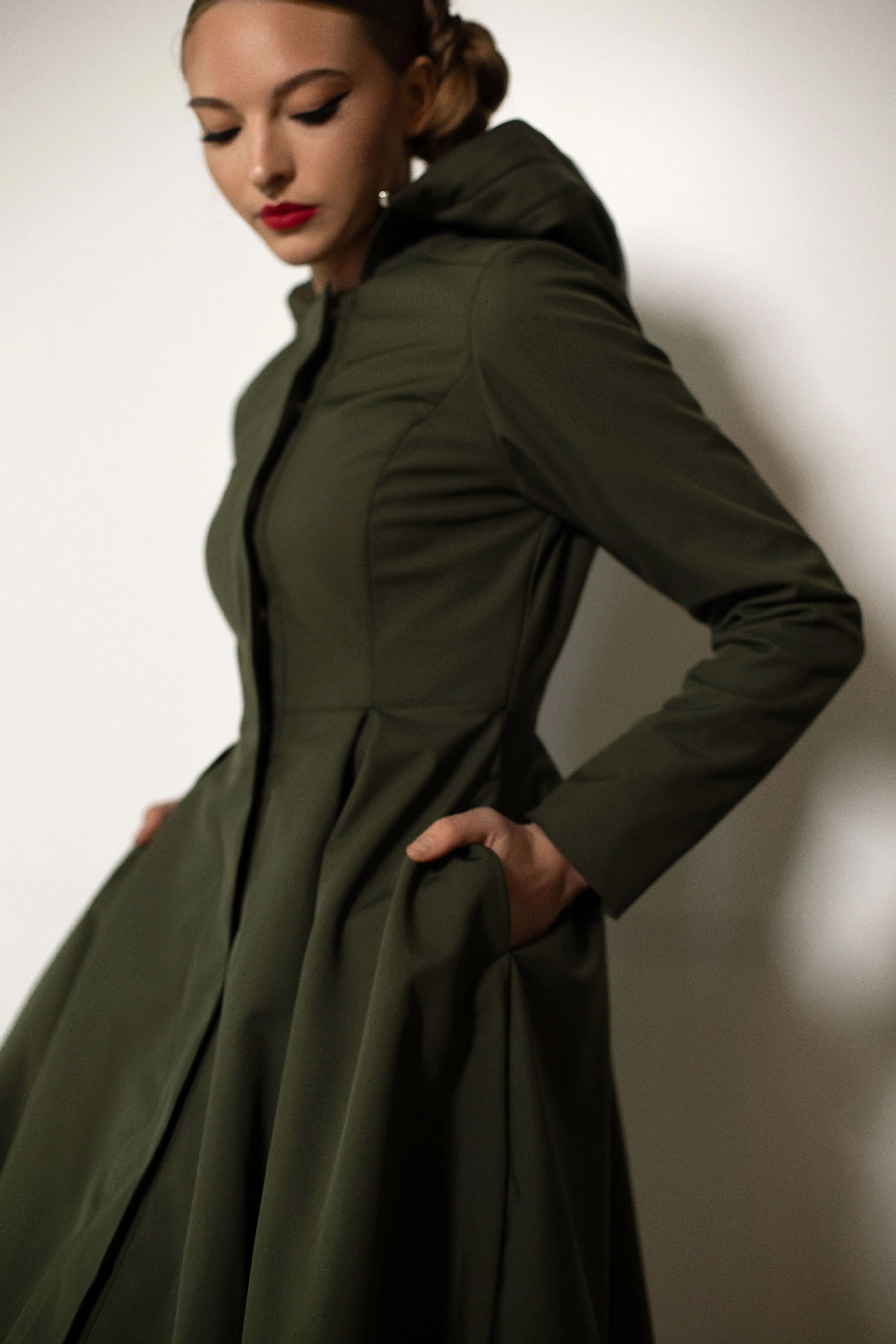 Fitted Coat with Pleated Skirt in Khaki Green | 'Moss Green'