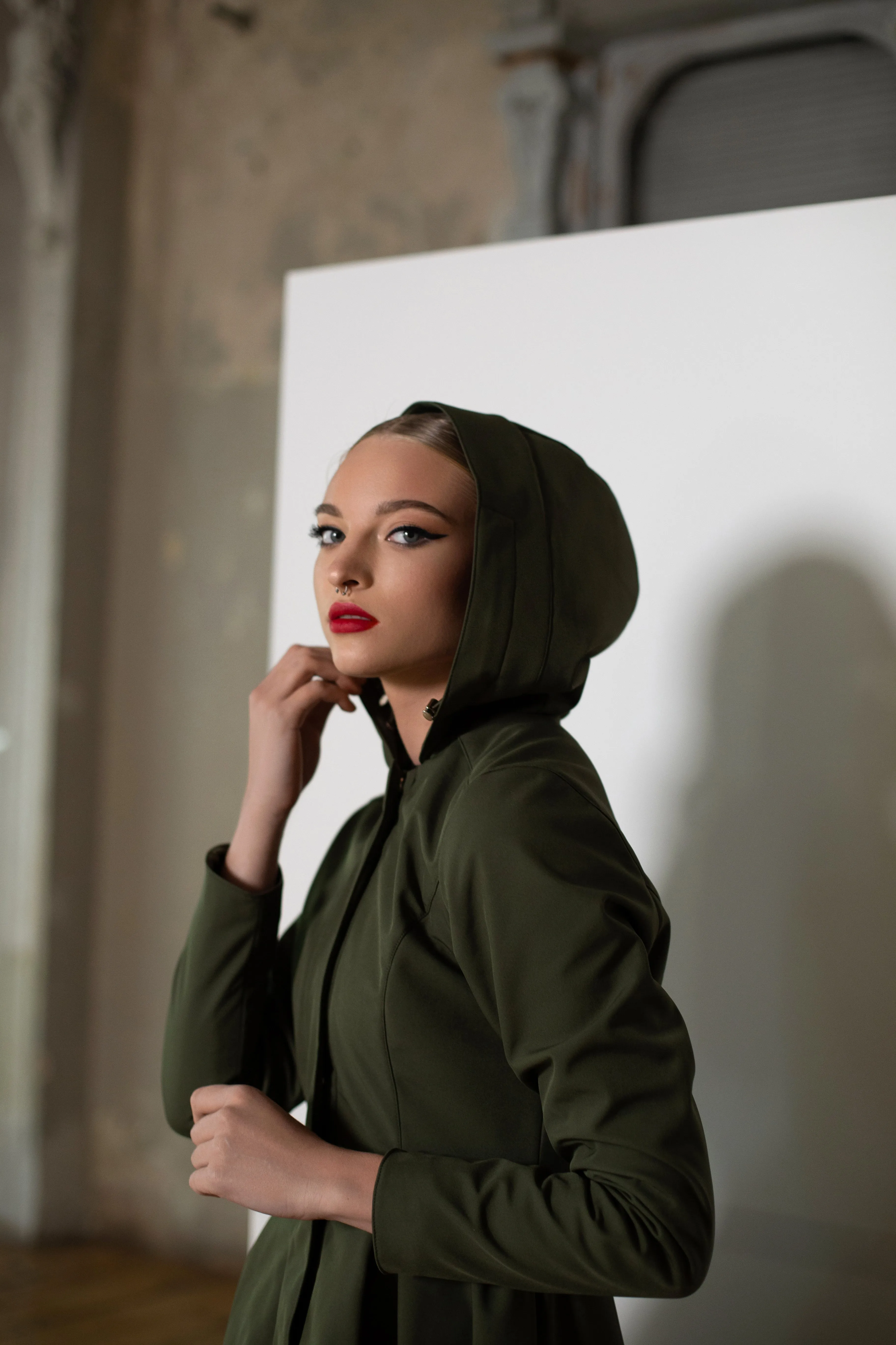 Fitted Coat with Pleated Skirt in Khaki Green | 'Moss Green'