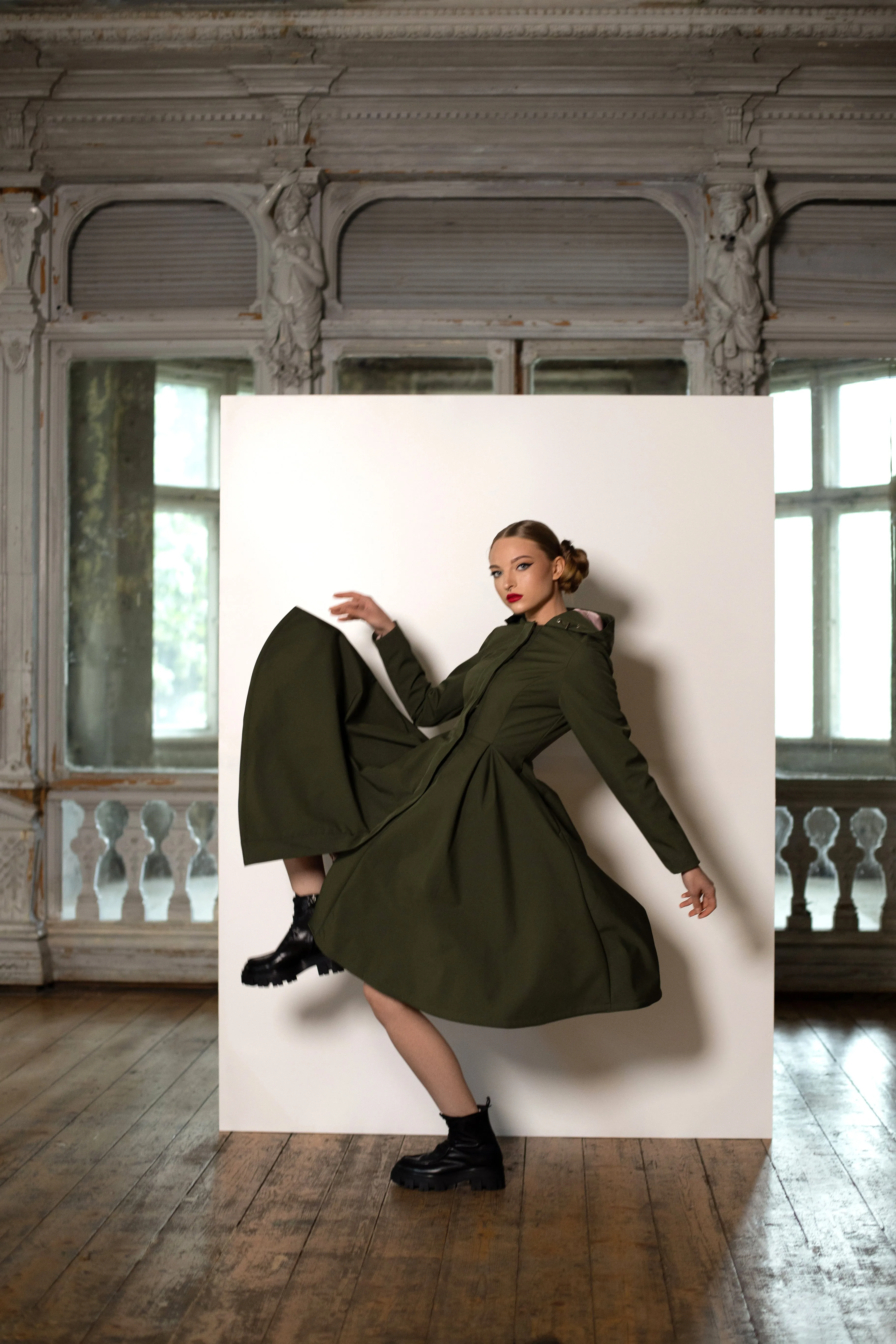 Fitted Coat with Pleated Skirt in Khaki Green | 'Moss Green'