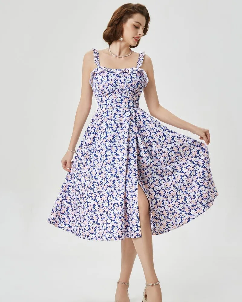 Floral Summer Dresses for Women 2024 Midi Sun Dresses Flowy Spaghetti Strap Dress with Pockets