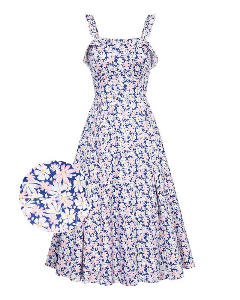 Floral Summer Dresses for Women 2024 Midi Sun Dresses Flowy Spaghetti Strap Dress with Pockets