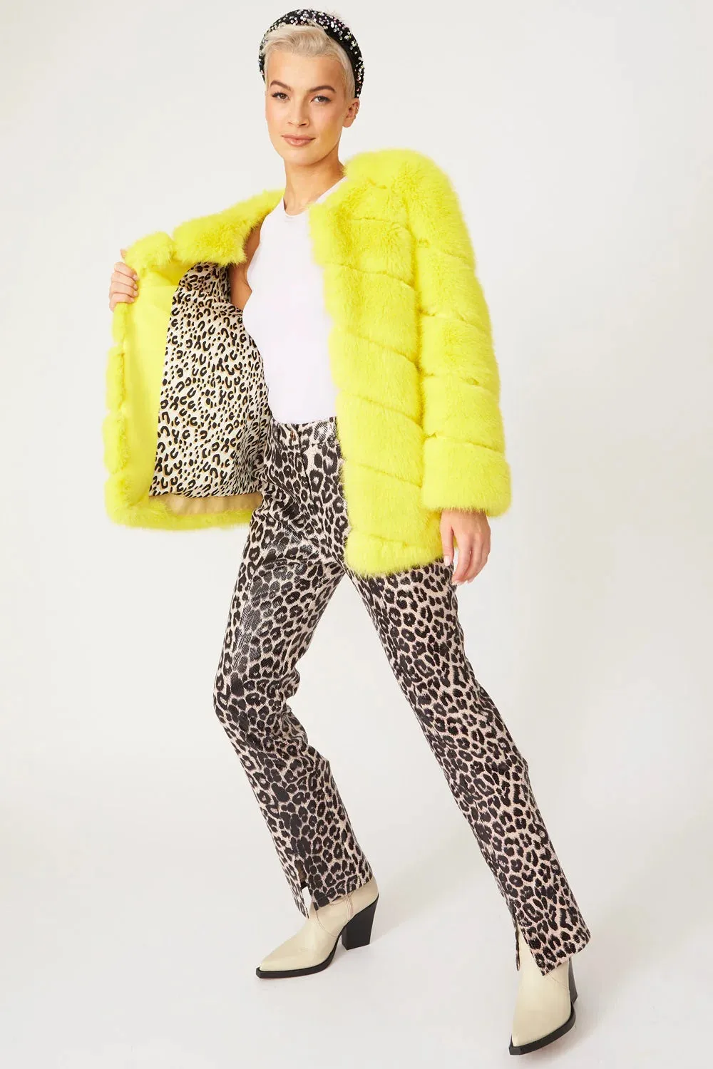 Gaga Faux Fur Striped Yellow Coat