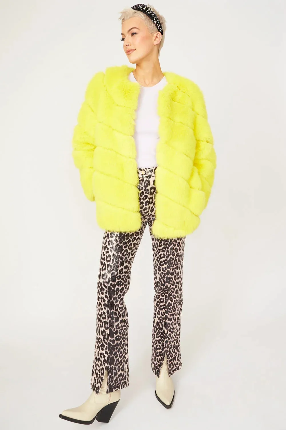 Gaga Faux Fur Striped Yellow Coat