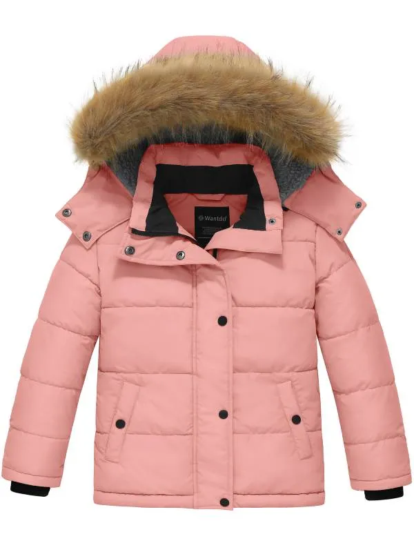 Girl's Padded Puffer Jacket Warm Winter Coat Water Resistant Hooded Parka