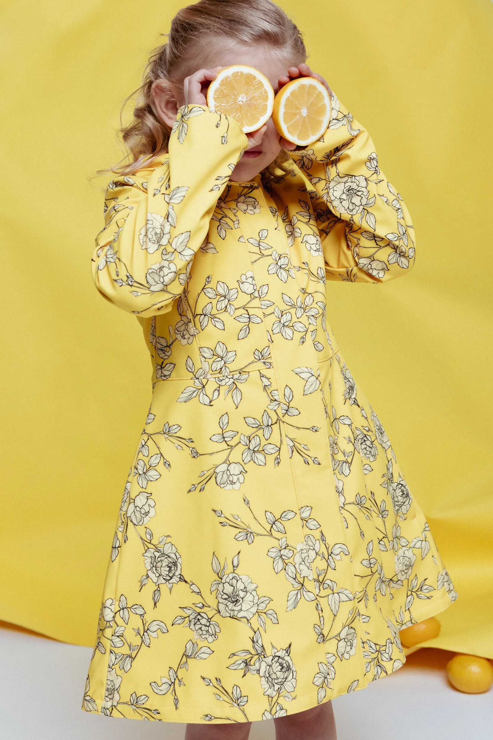 Girls' Yellow Flared Coat with Print | 'Wild Rose'