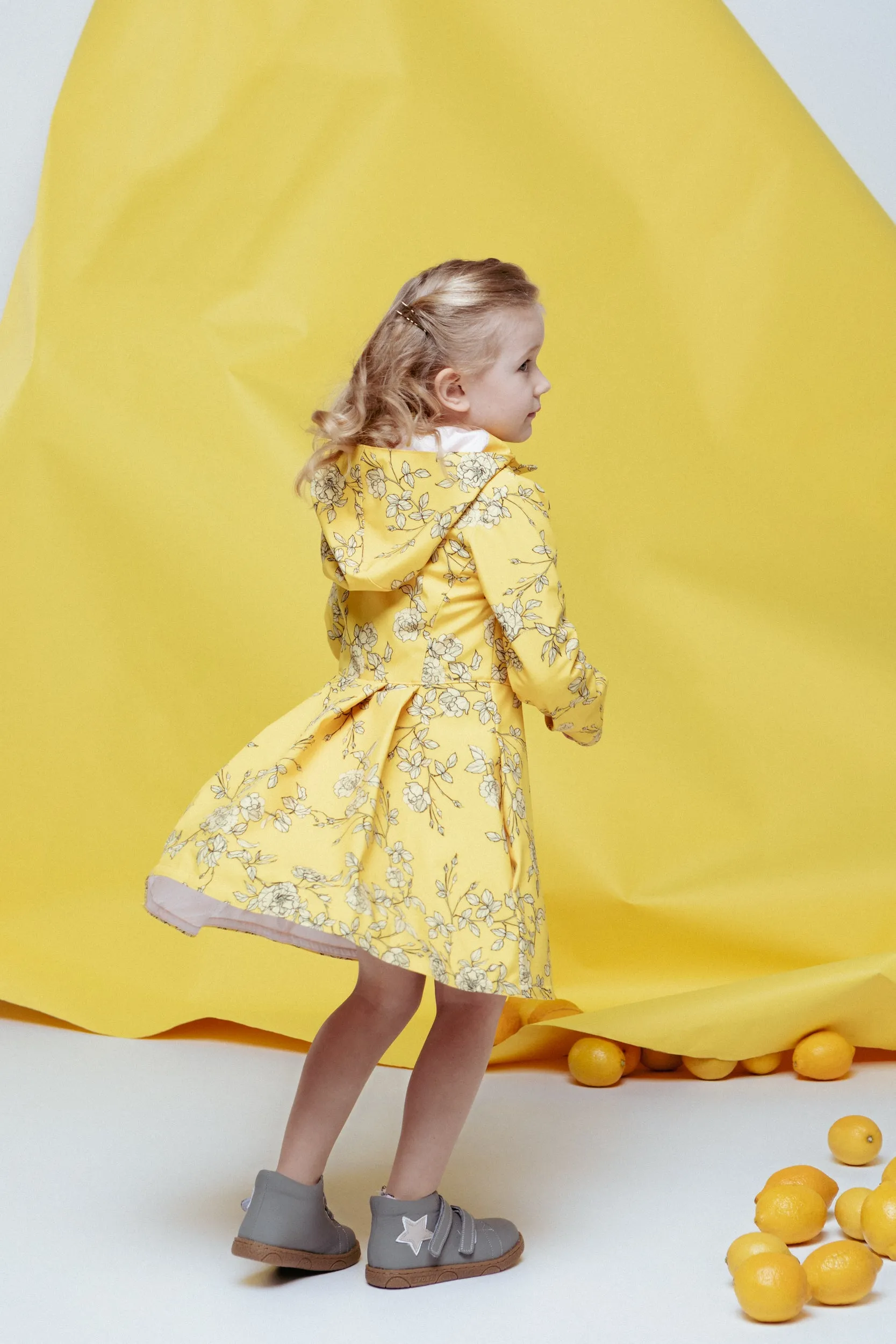 Girls' Yellow Flared Coat with Print | 'Wild Rose'