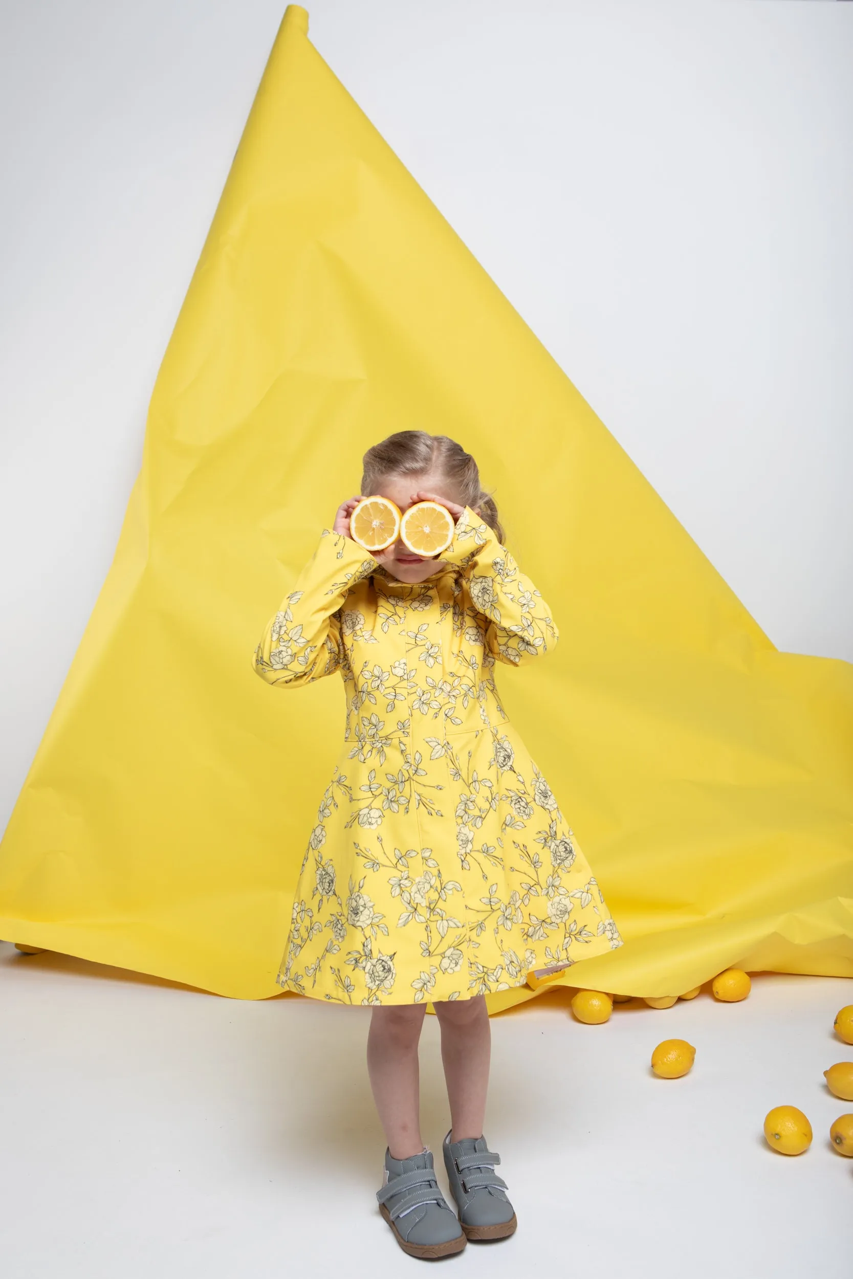 Girls' Yellow Flared Coat with Print | 'Wild Rose'