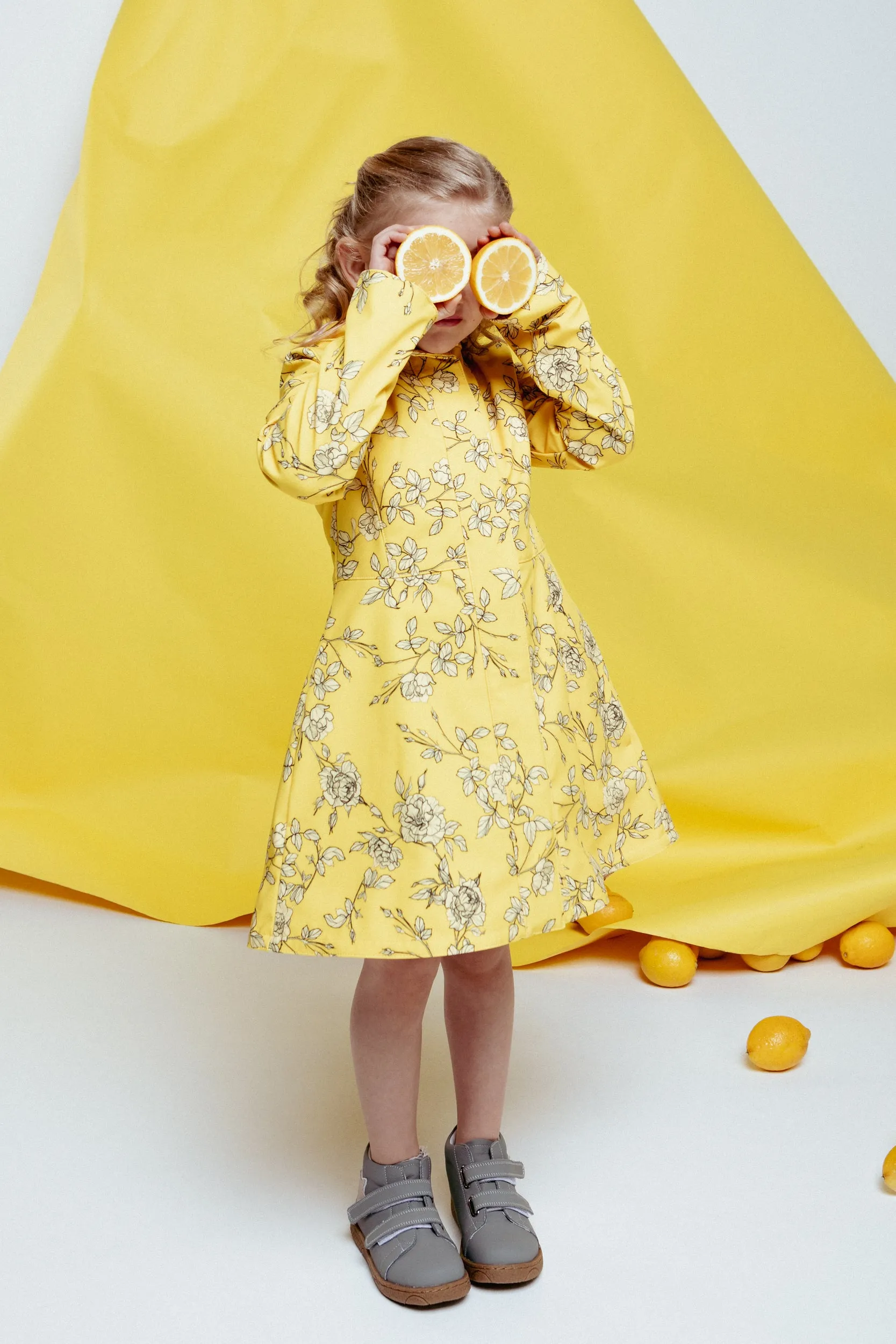 Girls' Yellow Flared Coat with Print | 'Wild Rose'