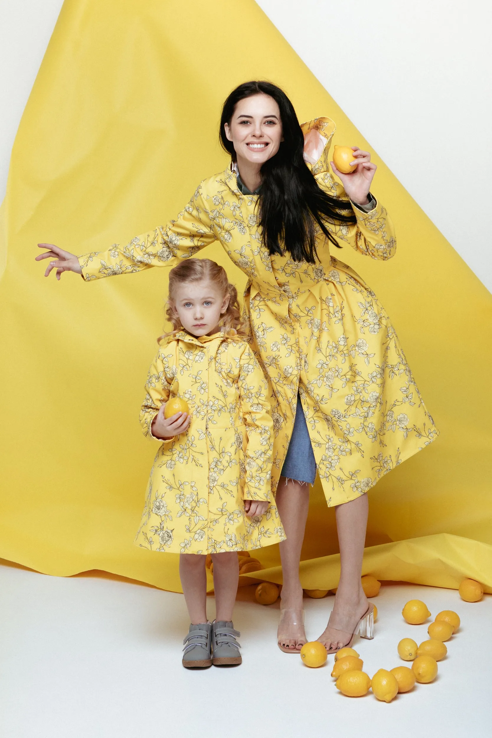 Girls' Yellow Flared Coat with Print | 'Wild Rose'