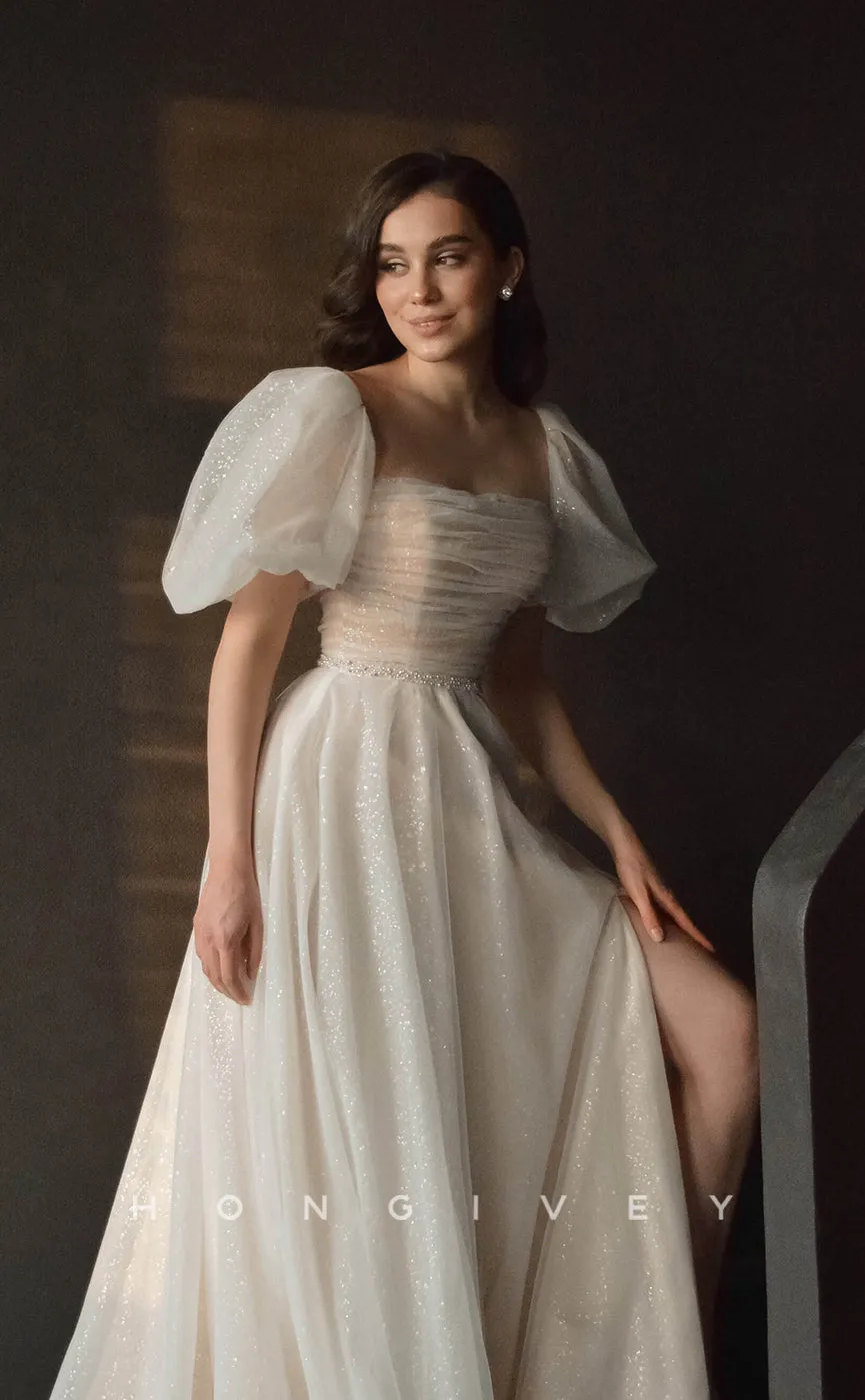 H0862 - Sparkly Illusion Puff Sleeve Pearl Embellished With Train And Slit Princess Wedding Dress