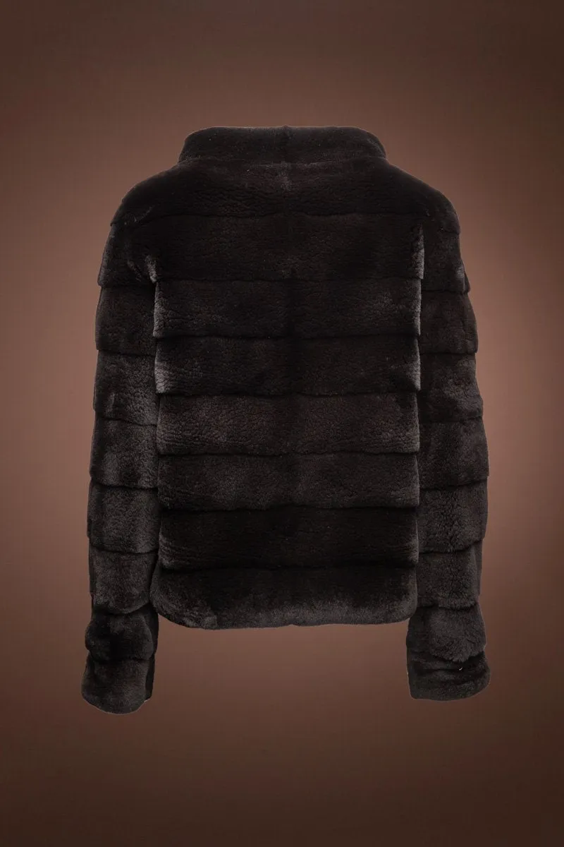 Horizontal Zip-Up Black Plucked Mink Fur Jacket