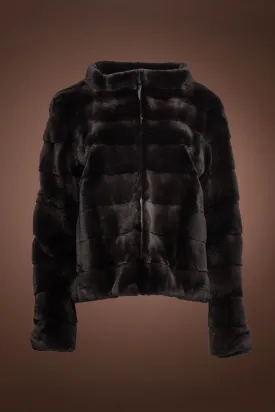 Horizontal Zip-Up Black Plucked Mink Fur Jacket