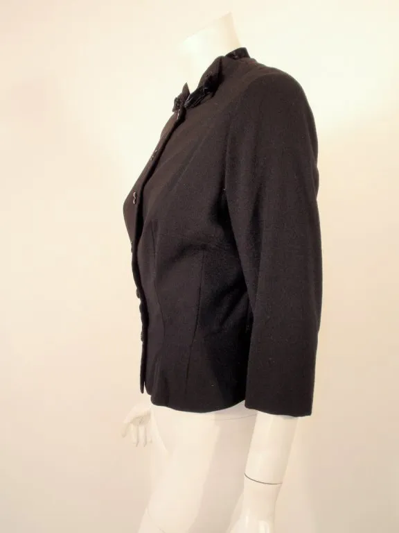 HOWARD GREER 1950s Black Wool Waist Jacket, Velvet Bows Size 6