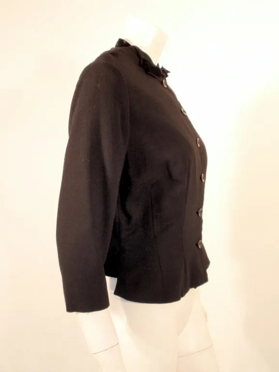 HOWARD GREER 1950s Black Wool Waist Jacket, Velvet Bows Size 6