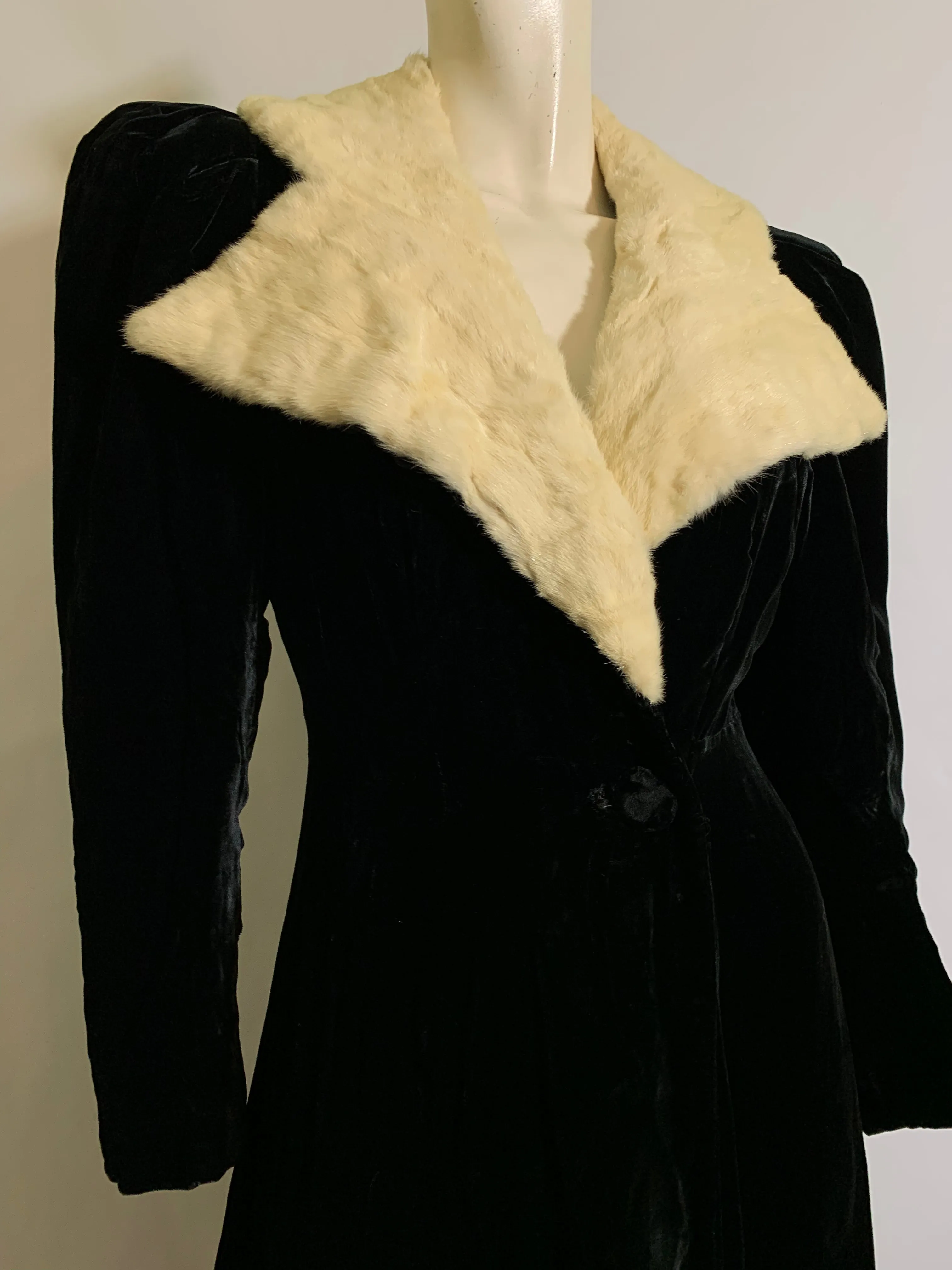 Iconic Black Velvet Princess Line Opera Coat with Ermine Collar circa 1930s