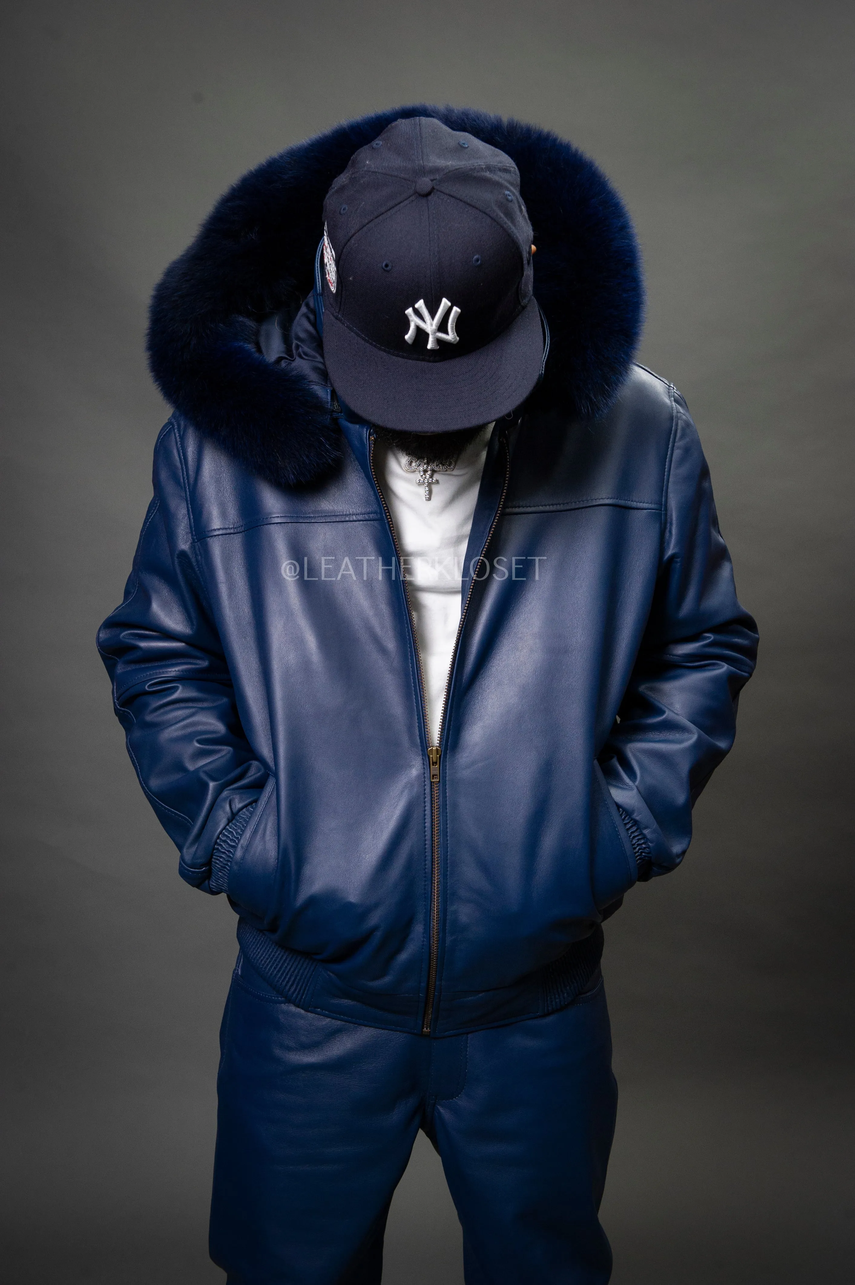 Men's Classic Baseball Jacket With Fox Hood [Navy]