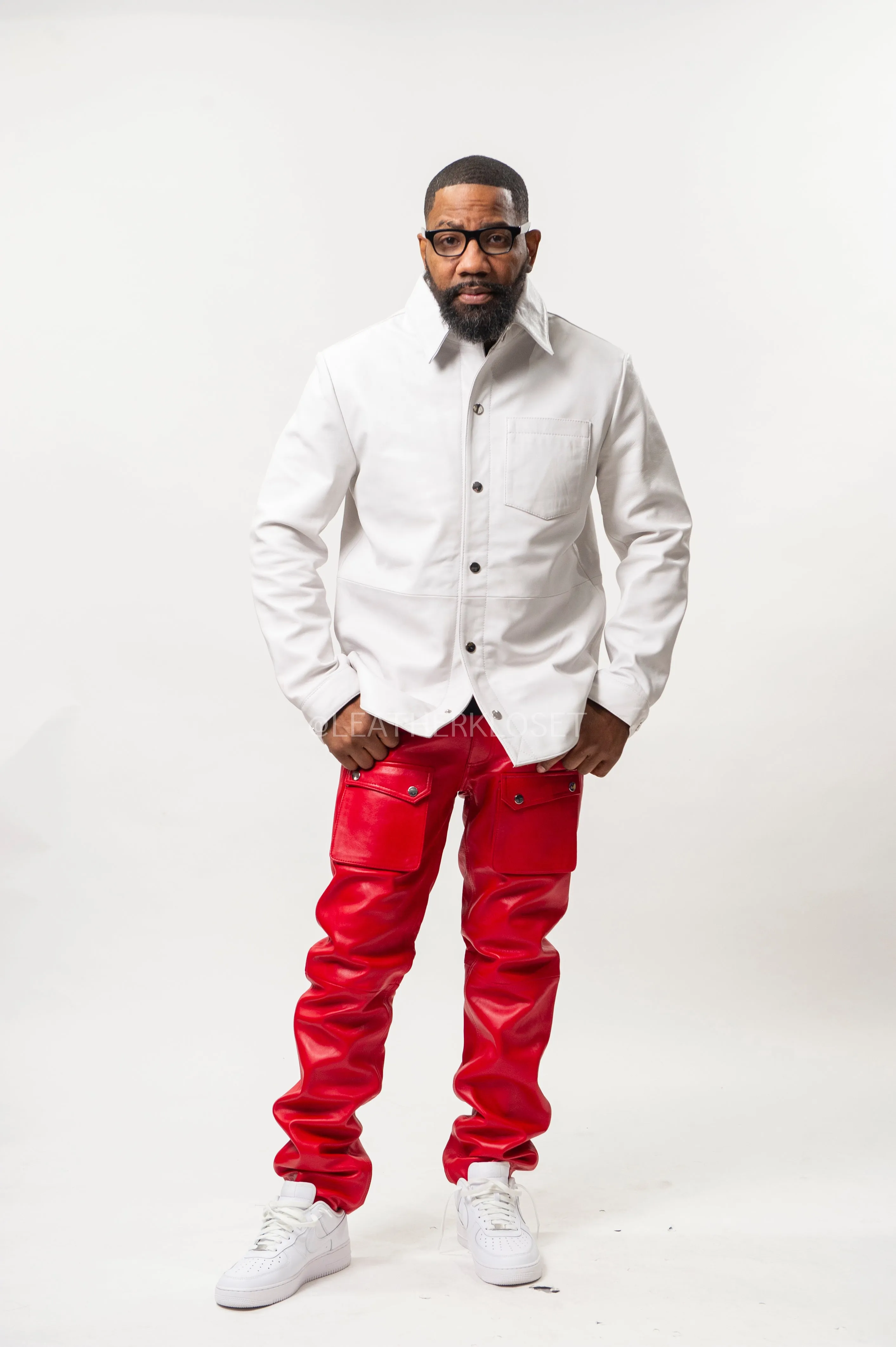 Men's Luka Leather Shirt And Pants Set [White/Red]