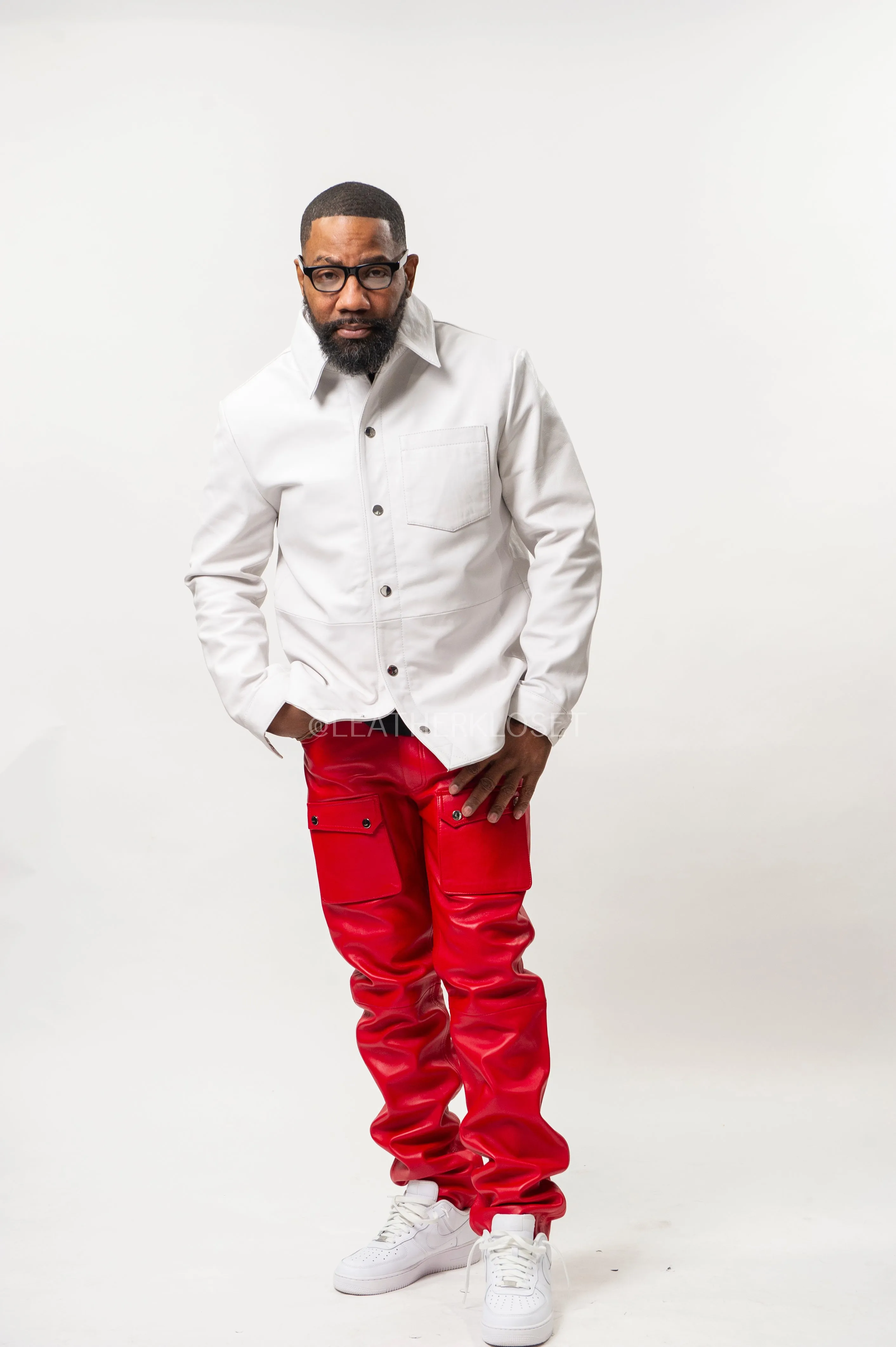 Men's Luka Leather Shirt And Pants Set [White/Red]