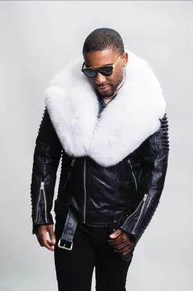 Men's Trey Biker Black Leather Full Fox Fur Collar [Pure White Fox]