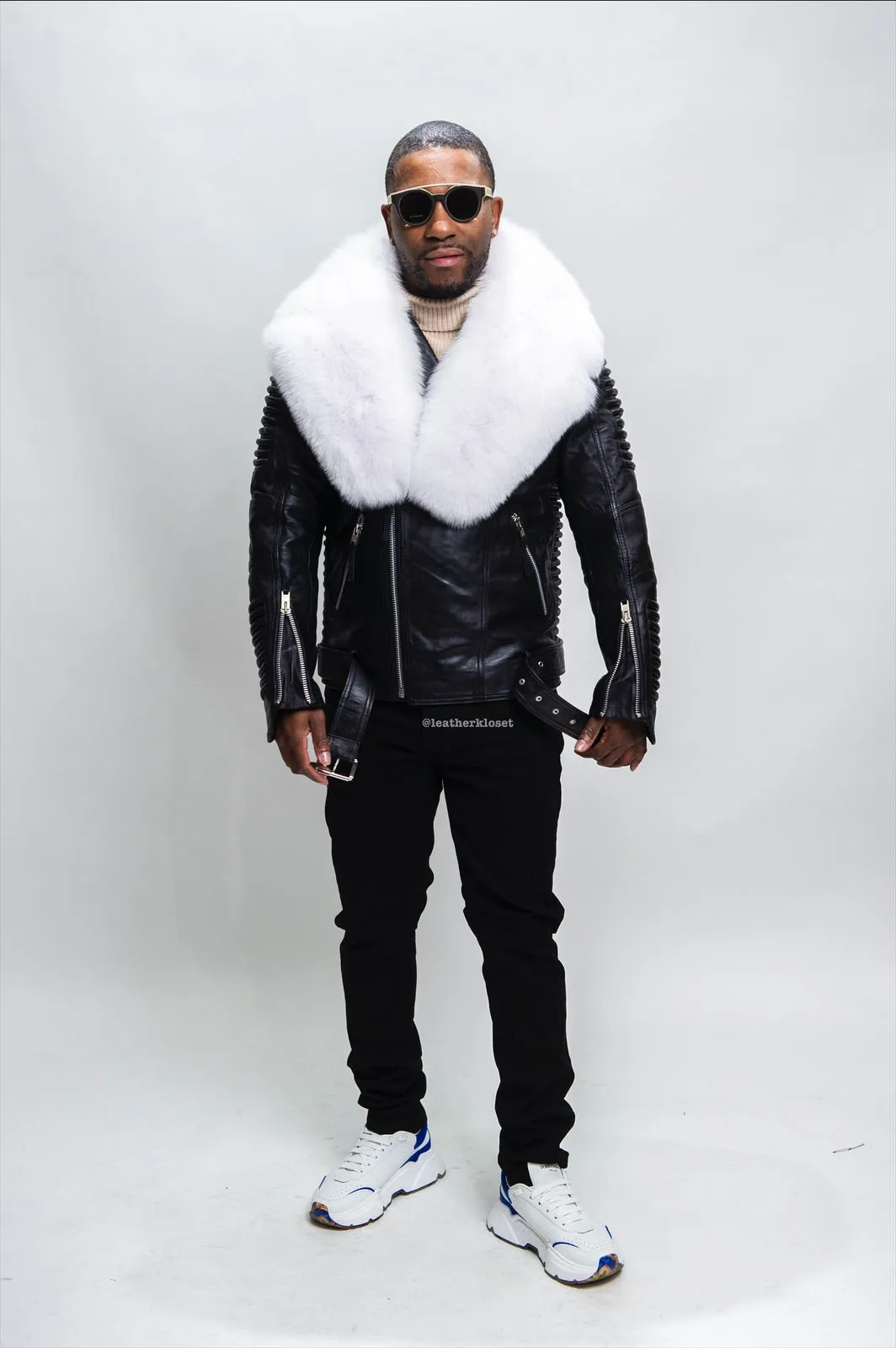 Men's Trey Biker Black Leather Full Fox Fur Collar [Pure White Fox]