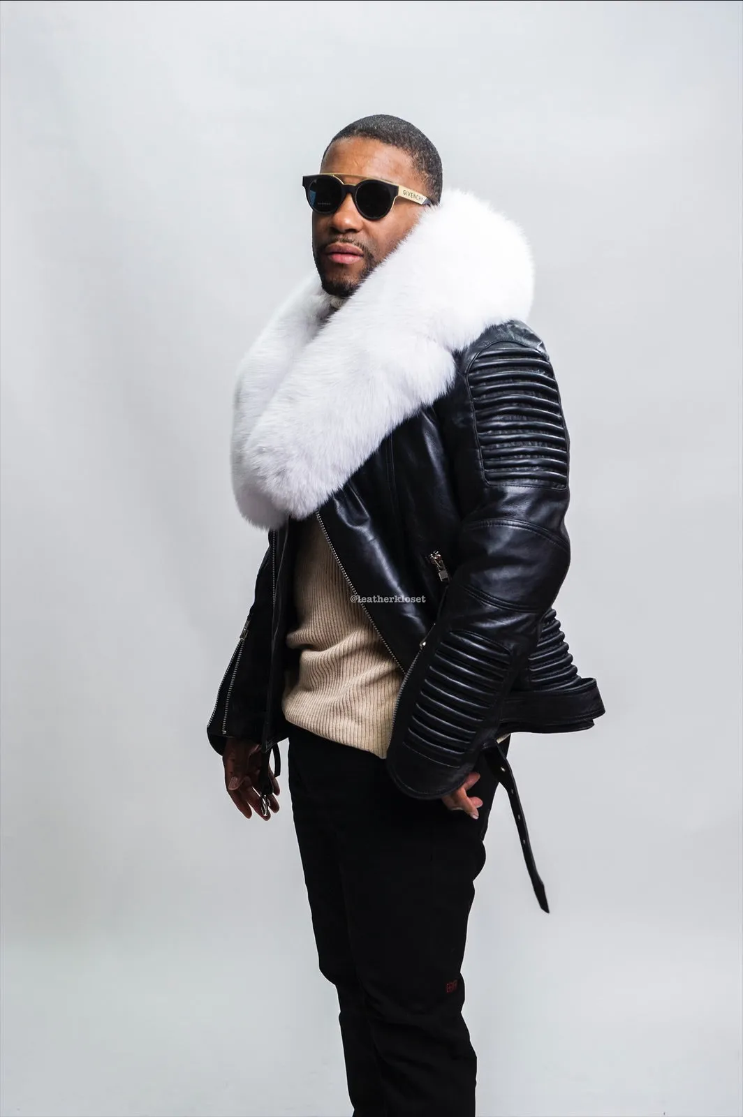 Men's Trey Biker Black Leather Full Fox Fur Collar [Pure White Fox]