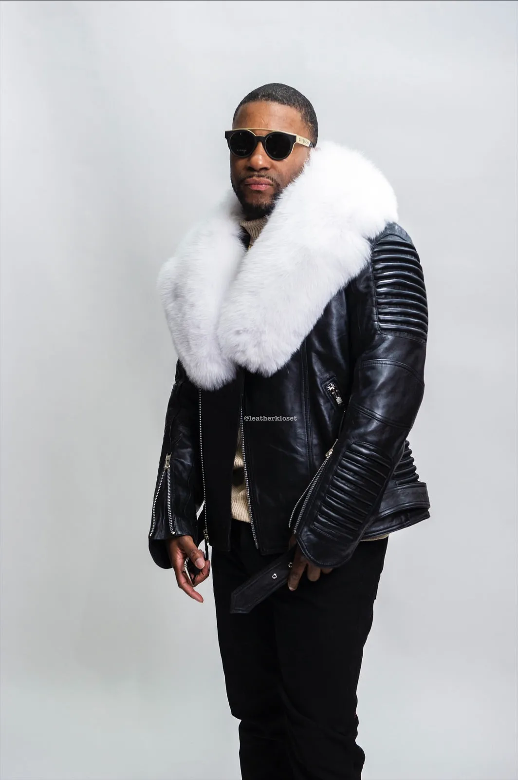 Men's Trey Biker Black Leather Full Fox Fur Collar [Pure White Fox]