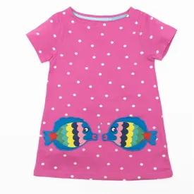 Mini Boden Girls Pink Spotty Fish Tunic Short Sleeve Longline Tops