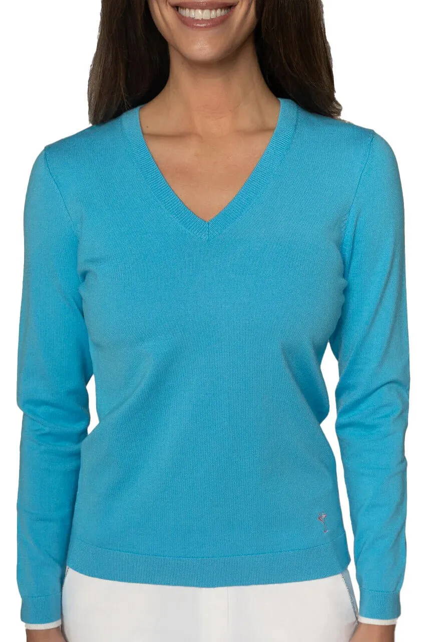 Ocean/White Stretch V-Neck Sweater