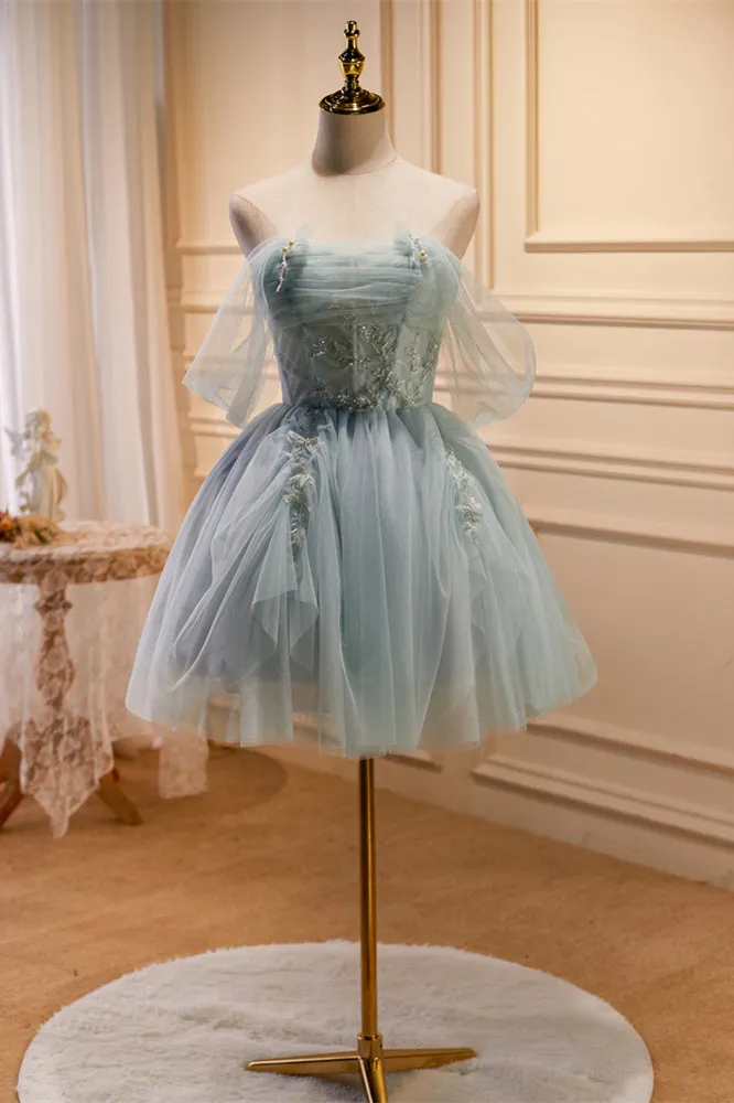 Off the Shoulder Light Green Short Tulle Homecoming Dress