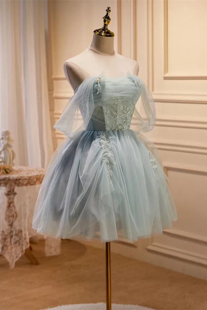 Off the Shoulder Light Green Short Tulle Homecoming Dress