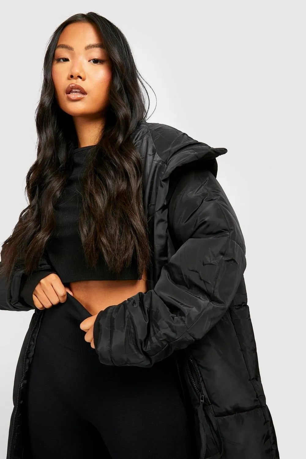 PETITE HOODED LONGLINE PUFFER JACKET-BLACK