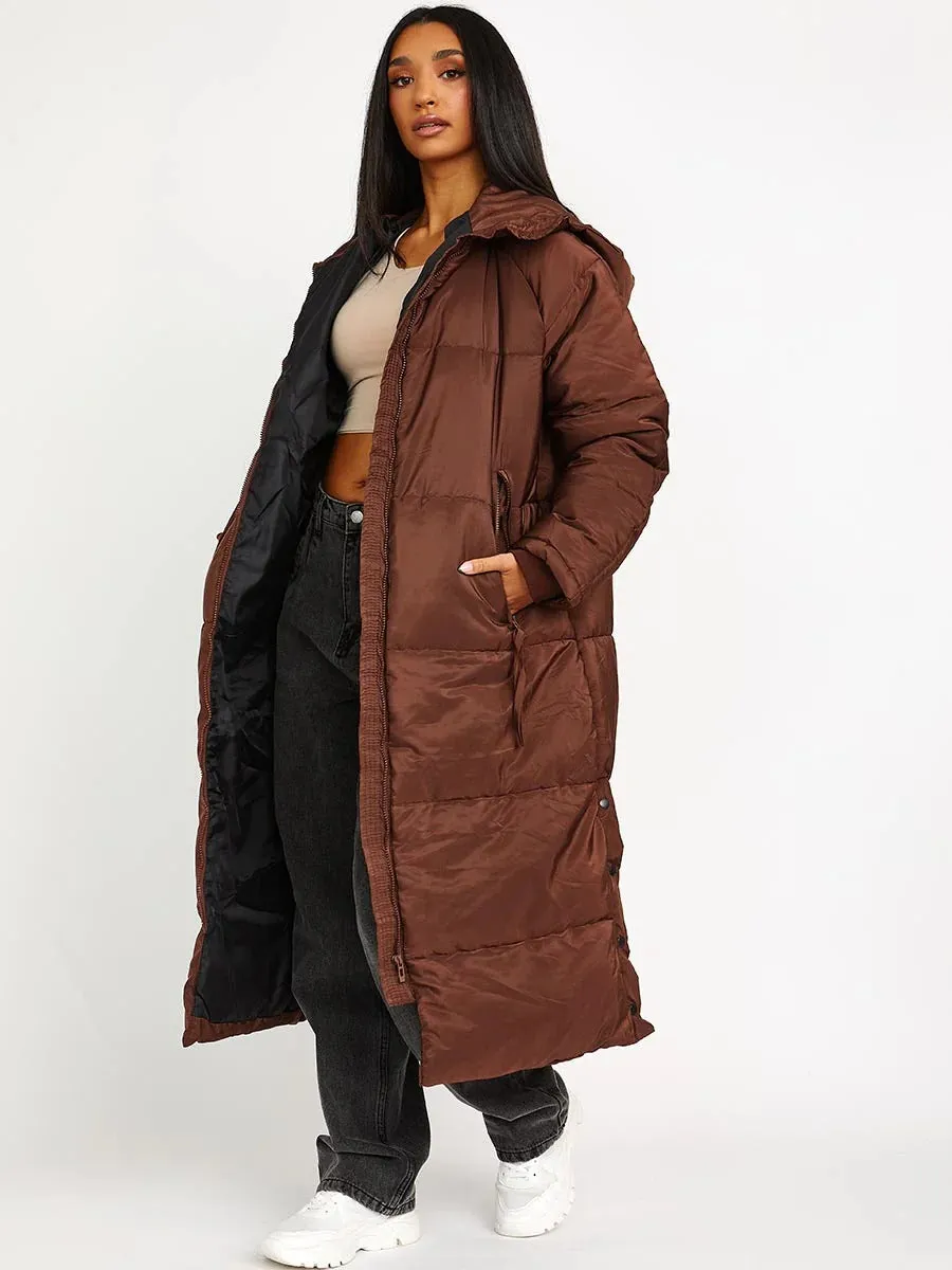 PETITE HOODED LONGLINE PUFFER JACKET-CHOCOLATE