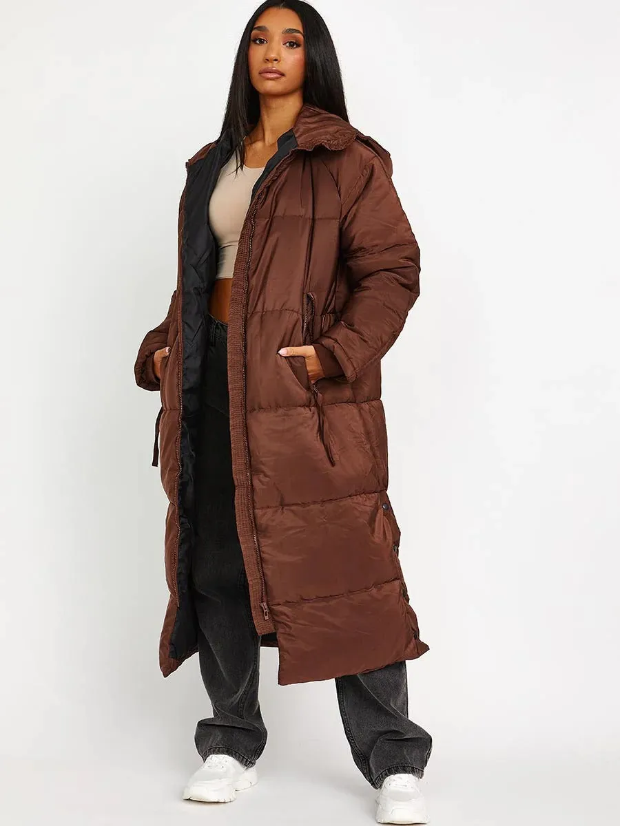 PETITE HOODED LONGLINE PUFFER JACKET-CHOCOLATE