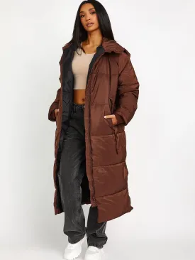 PETITE HOODED LONGLINE PUFFER JACKET-CHOCOLATE