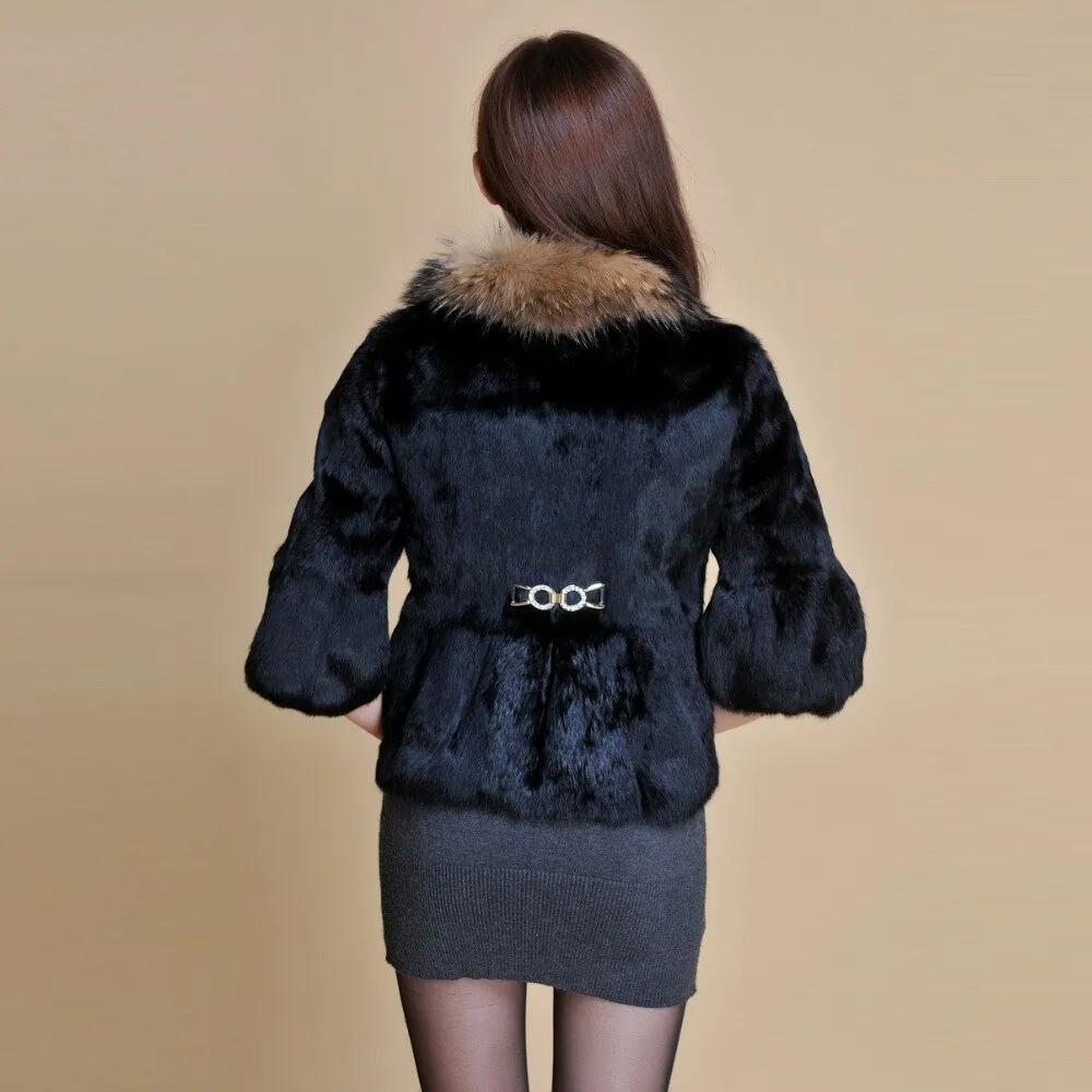 Real Rabbit Fur Coat Raccoondog Fur Collar with Hood Overcoat Jacket Waistcoat 7colors Short Version FS13073