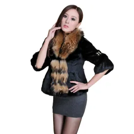 Real Rabbit Fur Coat Raccoondog Fur Collar with Hood Overcoat Jacket Waistcoat 7colors Short Version FS13073