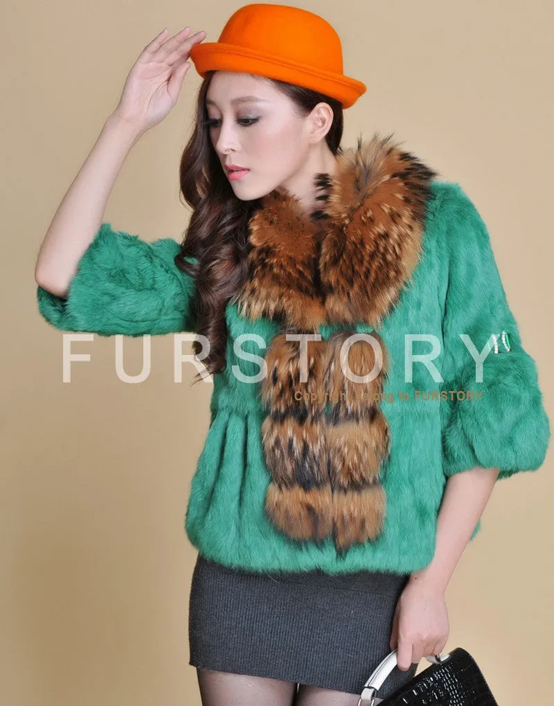 Real Rabbit Fur Coat Raccoondog Fur Collar with Hood Overcoat Jacket Waistcoat 7colors Short Version FS13073