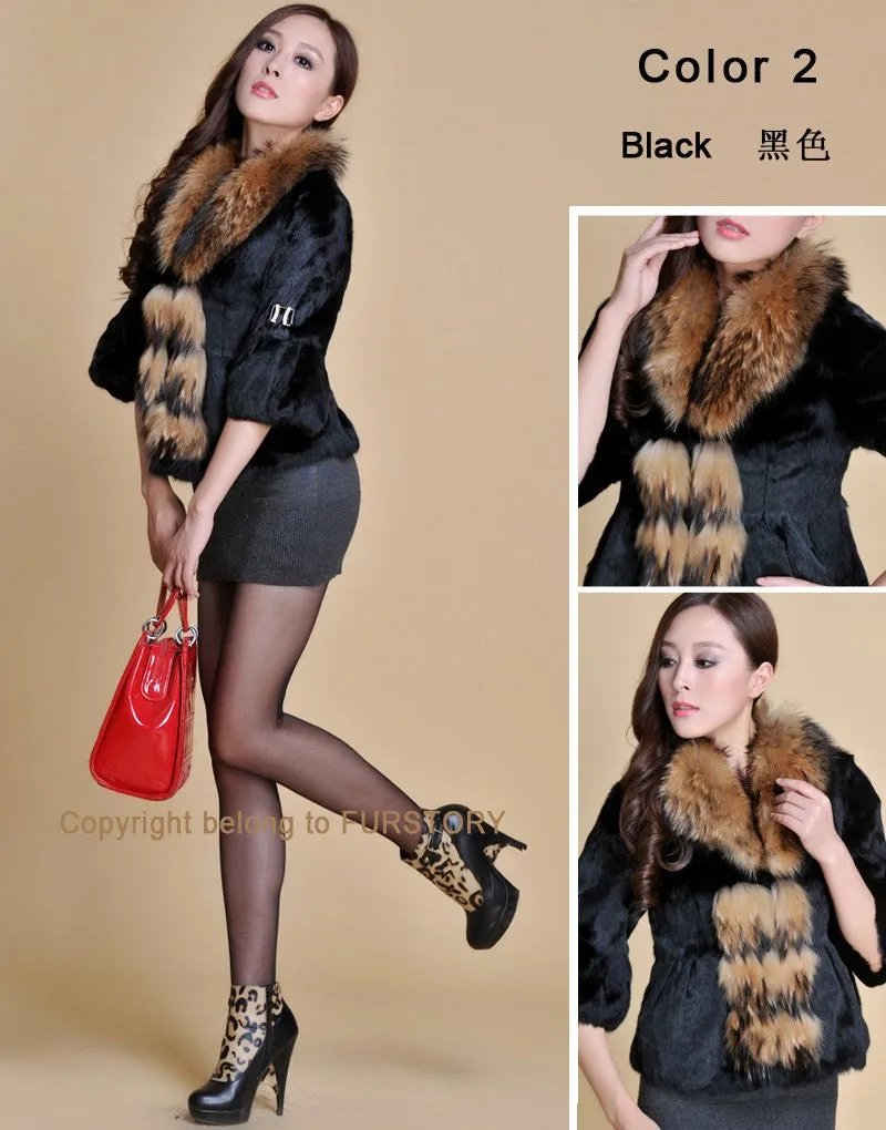 Real Rabbit Fur Coat Raccoondog Fur Collar with Hood Overcoat Jacket Waistcoat 7colors Short Version FS13073