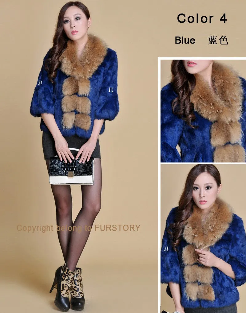 Real Rabbit Fur Coat Raccoondog Fur Collar with Hood Overcoat Jacket Waistcoat 7colors Short Version FS13073