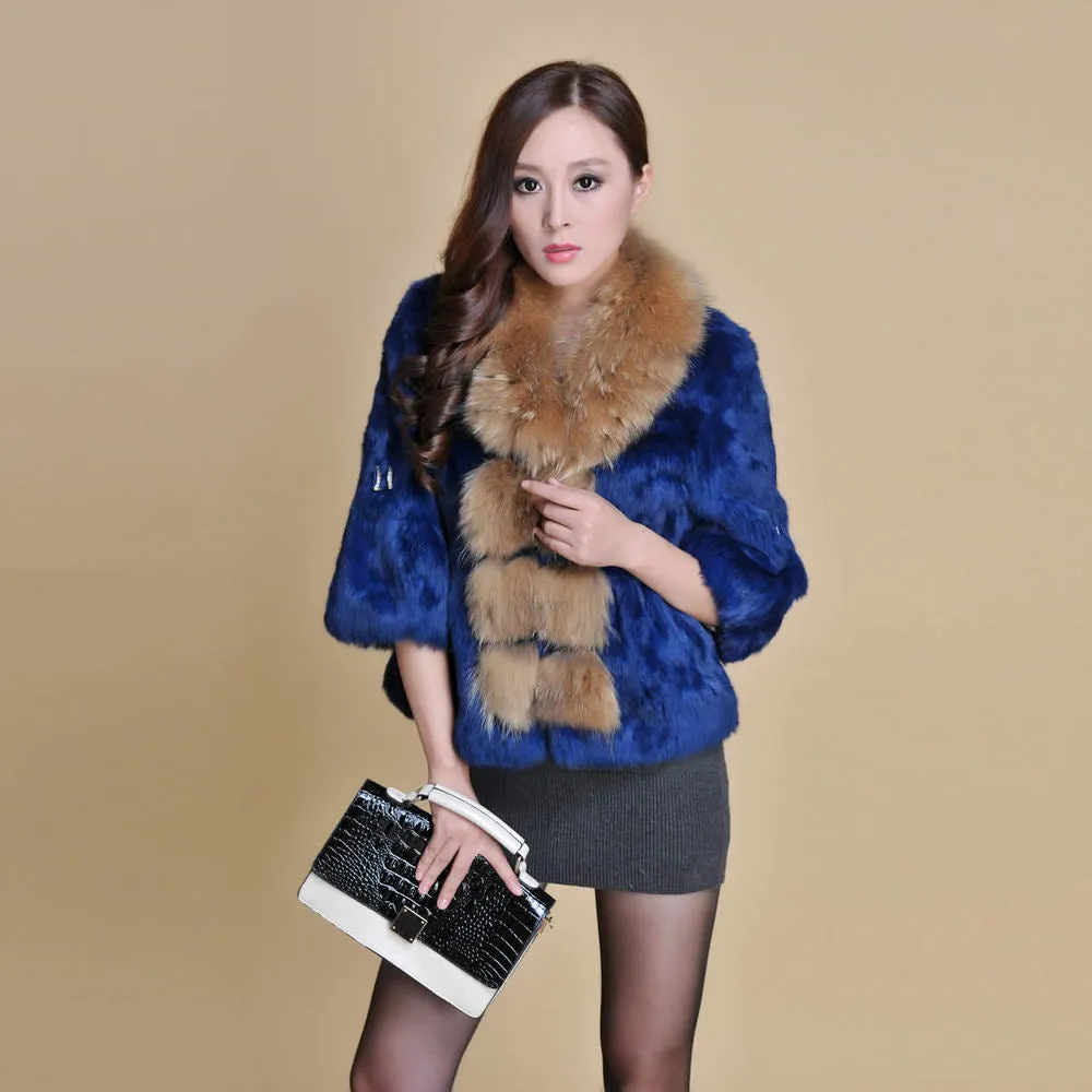 Real Rabbit Fur Coat Raccoondog Fur Collar with Hood Overcoat Jacket Waistcoat 7colors Short Version FS13073