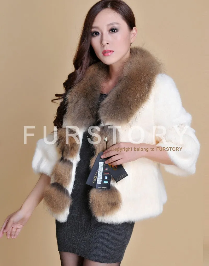 Real Rabbit Fur Coat Raccoondog Fur Collar with Hood Overcoat Jacket Waistcoat 7colors Short Version FS13073