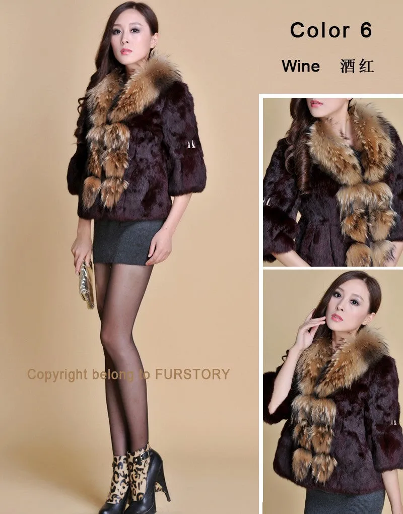 Real Rabbit Fur Coat Raccoondog Fur Collar with Hood Overcoat Jacket Waistcoat 7colors Short Version FS13073