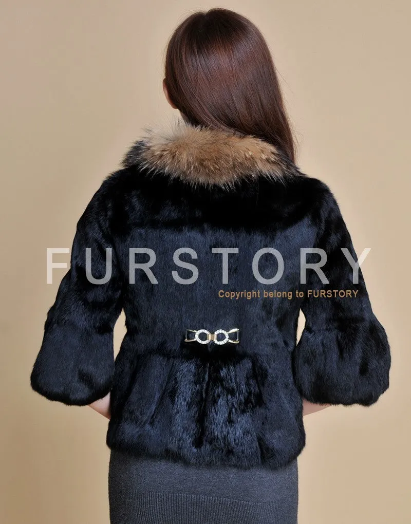 Real Rabbit Fur Coat Raccoondog Fur Collar with Hood Overcoat Jacket Waistcoat 7colors Short Version FS13073