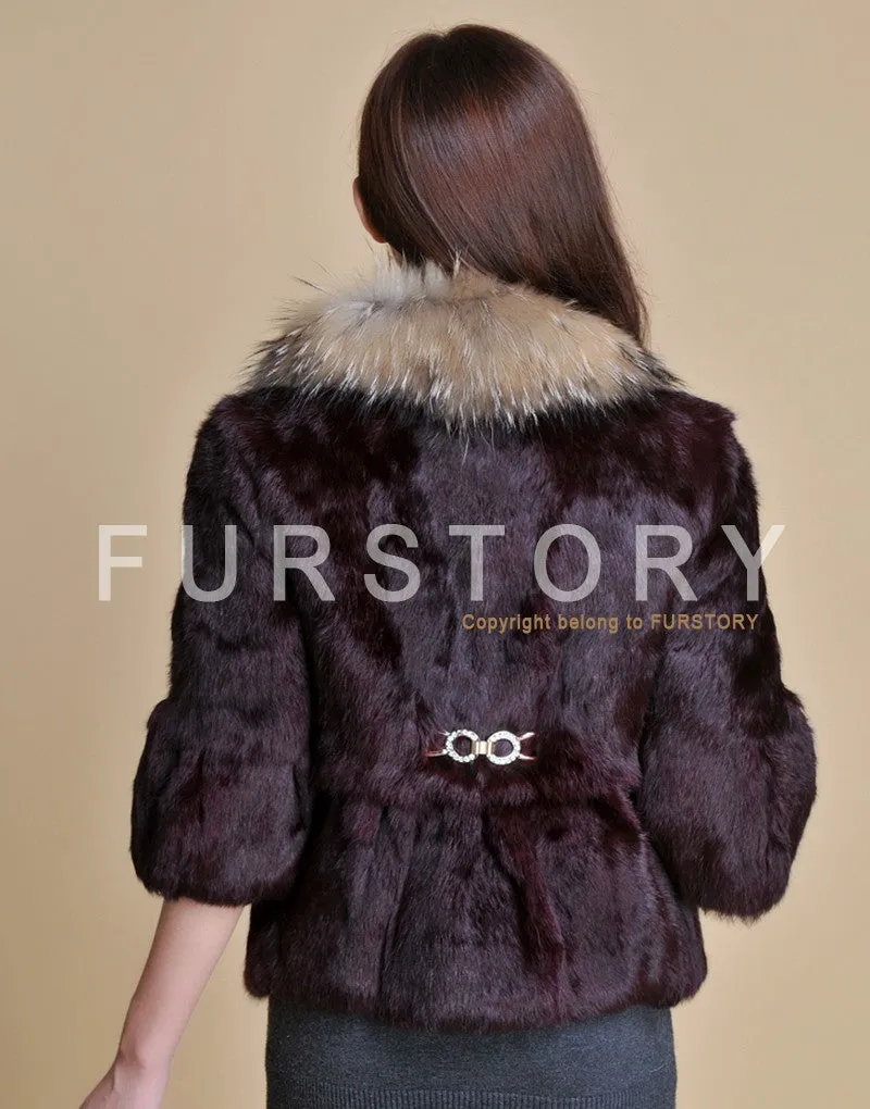 Real Rabbit Fur Coat Raccoondog Fur Collar with Hood Overcoat Jacket Waistcoat 7colors Short Version FS13073