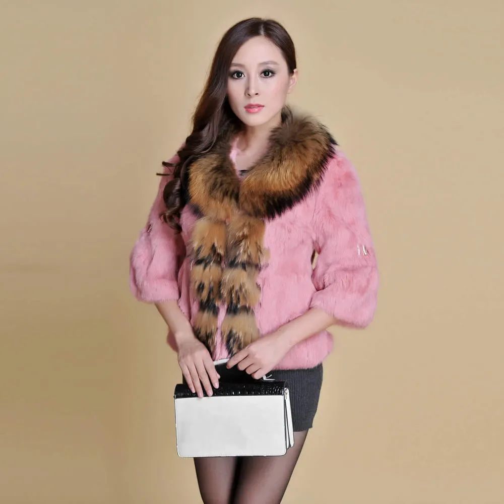 Real Rabbit Fur Coat Raccoondog Fur Collar with Hood Overcoat Jacket Waistcoat 7colors Short Version FS13073