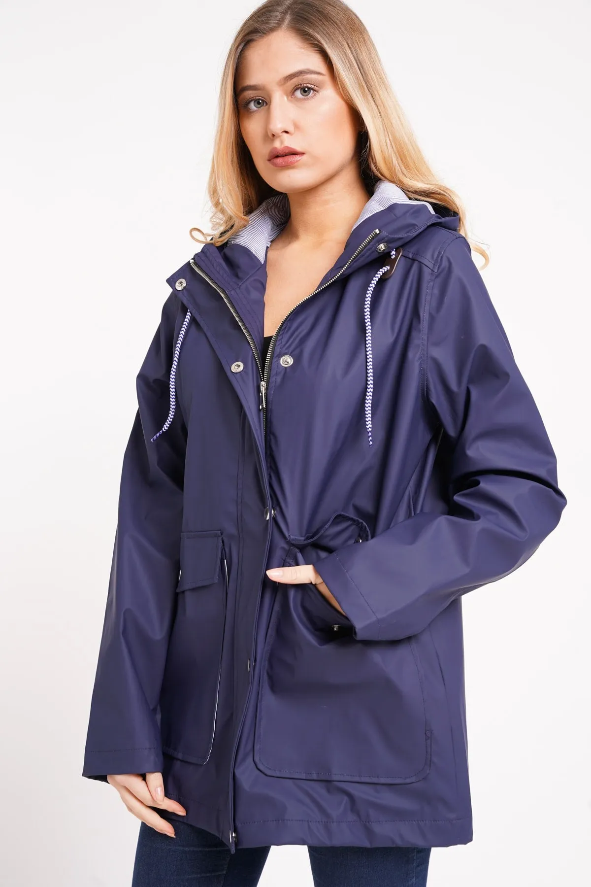 Rosie Navy Striped Lined Rain Coat