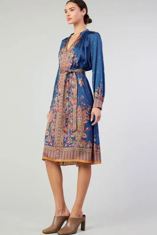 SILKY PAISLEY DRESS WITH BELT