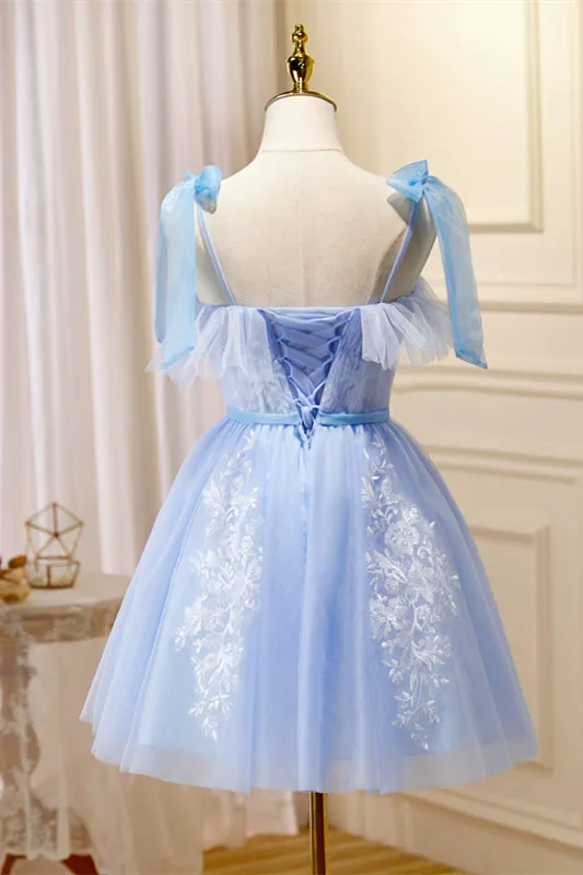 Sky Blue Tulle and White Lace Short A-line Princess Dress